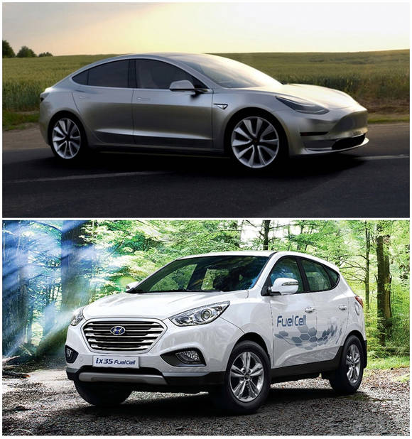 테슬라의 보급형 전기차 ‘모델 3’(위)와 현대기아차의 수소연료전지차 ‘투싼ix FCEV’. (사진=테슬라·현대기아차)