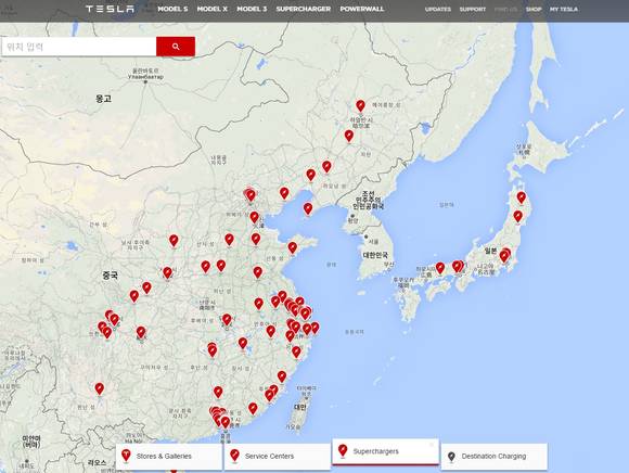 테슬라 수퍼차저 스테이션의 위치도. 중국, 일본과는 달리 한국에는 한 곳도 없다. (사진=테슬라)