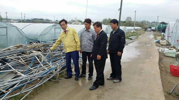 새누리당 경북 칠곡·성주·고령 이완영 의원(새누리당 노동위원장)은 21일 강풍으로 비닐하우스, 농작물 등에 막대한 피해를 입은 성주군 성주읍, 월항면 참외농가 일대를 직접 방문하여 농민들을 위로했다.(사진제공=이완영의원실)