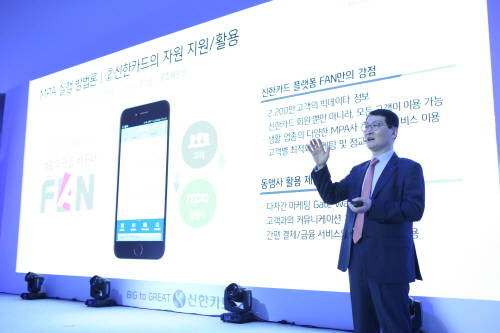 신한카드는 27일 서울 세빛섬에서 모바일 플랫폼 얼라이언스인 F’AN(판) 페이 출범식을 가졌다. 위성호 신한카드 사장이 향후 F’AN 운영계획에 대해 관계자들을 대상으로 설명하고 있다. (사진=신한카드)