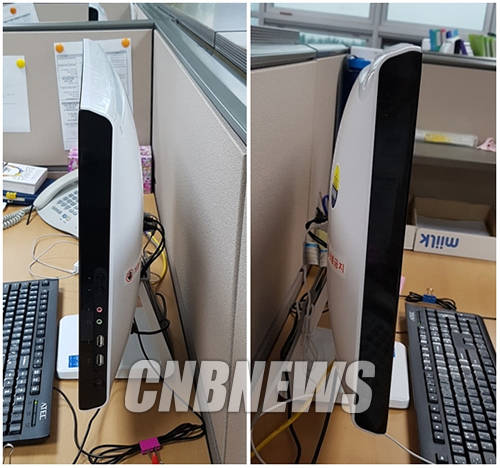 신형 국회 PC의 측면부. 구형에 비해 많이 슬림해졌다. ‘업무망-인터넷망 전환’ 버튼도 측면에 슬림하게 배치됐다. (사진=정의식 기자)