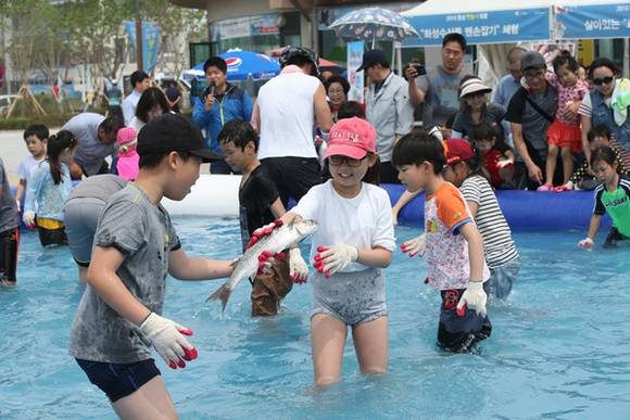 2016 화성 뱃놀이 축제에 특별프로그램으로 맨손 물고기 잡기 체험에 참가한 아이들이 즐거워하고 있다.한편 2016 화성 뱃놀이 축제는 화성시 전곡항에서 오는 29일까지 개최된다.(사진=화성시)