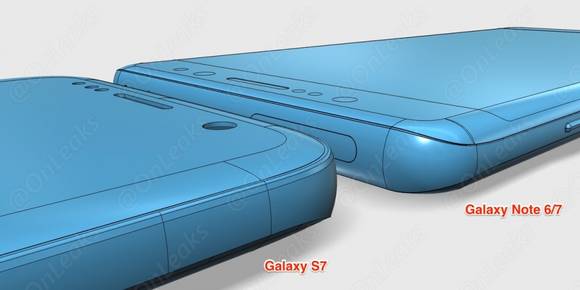 ‘갤럭시 S7’(왼쪽)과 ‘갤럭시 노트7’의 렌더링 이미지 비교. 전면 상단의 센서와 카메라가 더 많은 것을 볼 수 있다. (사진=OnLeaks 트위터)