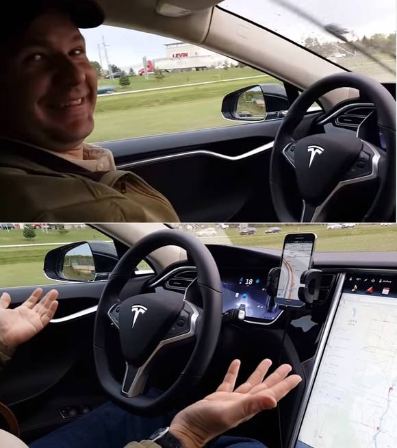 자동주행 차량 사고의 첫 번째 희생자가 된 조슈아 브라운이 테슬라 모델S의 자동주행(AutoPilot) 기능을 시연하고 있다. (사진=유튜브)