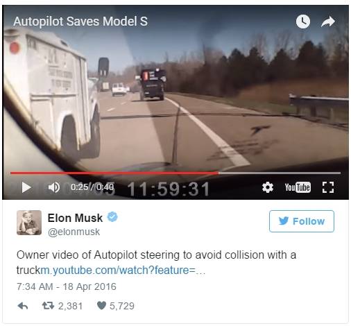 지난 4월 브라운이 업로드한 자동주행 사고 위험 동영상을 테슬라의 CEO 엘론 머스크가 리트윗했다. (사진=엘론 머스크 트위터)