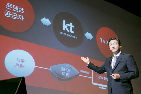KT 미디어사업본부장 유희관 상무가 12일 서울 광화문 KT스퀘어에서 열린 기자간담회에서 세계 최초 IPTV HDR 서비스를 소개하고 있다. (사진제공=KT)