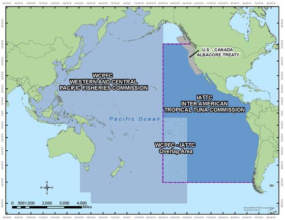 IAATC가 관리하는 동부 태평양 수역의 위치. 왼쪽은 중서부 태평양 수역이다. (사진=IAATC)