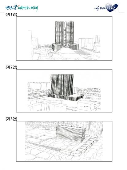 신청사 조성 3가지 안-1안은 중앙공원신축, 2안은 교육청부지 신축, 3안은 운동장부지 신축 조감도(사진= 김진부 기자)