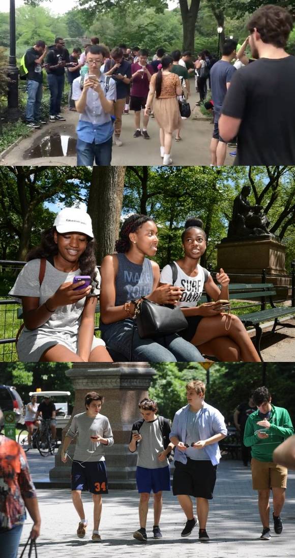 뉴욕 센트럴파크에서 포켓몬 고 게임을 즐기는 사람들. (사진=유튜브)