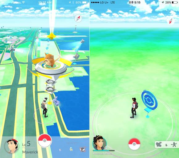 정상적으로 서비스 되는 해외에서의 포켓몬 고 실행 화면(왼쪽)과 속초에서의 포켓몬 고 실행 화면(오른쪽). 국내에서는 정식 서비스가 실시된다해도 이처럼 지도가 보이지 않을 가능성이 높다. (사진=인터넷)