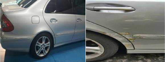 뒤휀더(우), 뒤도어(우) 파손 차량으로 딜러업체에서는 616만2684원의 견적이 나왔으나 삼성화재 견적지원센터 자체견적은 211만1073원으로 제시됐다. (사진=삼성화재)