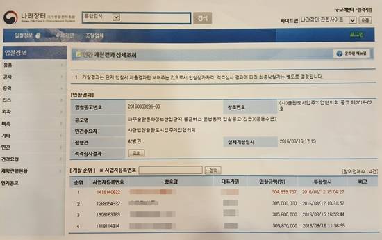 파주출판도시 출퇴근 버스 입찰을 진행한 누리장터의 낙찰결과가 나라장터 화면에 표시되고 있다. M업체가 1위로 낙찰돼 있다. (사진= 김진부 기자)