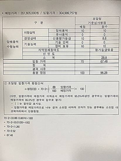 2차 입찰공고부터 문제가 된 최종 5차 입찰공고까지 별첨에 조달청 심사기준을 적용하고 있음을 공고하고 있다.(사진= 김진부 기자)