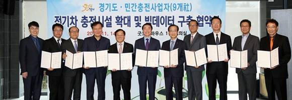 14일 오후 굿모닝하우스에서 열린 "전기차 충전시설 확대 및 빅데이터 구축 협약식"에서 이재율 경기도 행정1부지사가 협약서에 서명을 하고 사업자들과 기념촬영을 하고 있다.(사진=경기도)